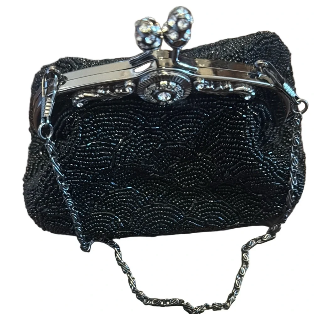 Black and Silver Beaded Clutch with Ornate Clasp